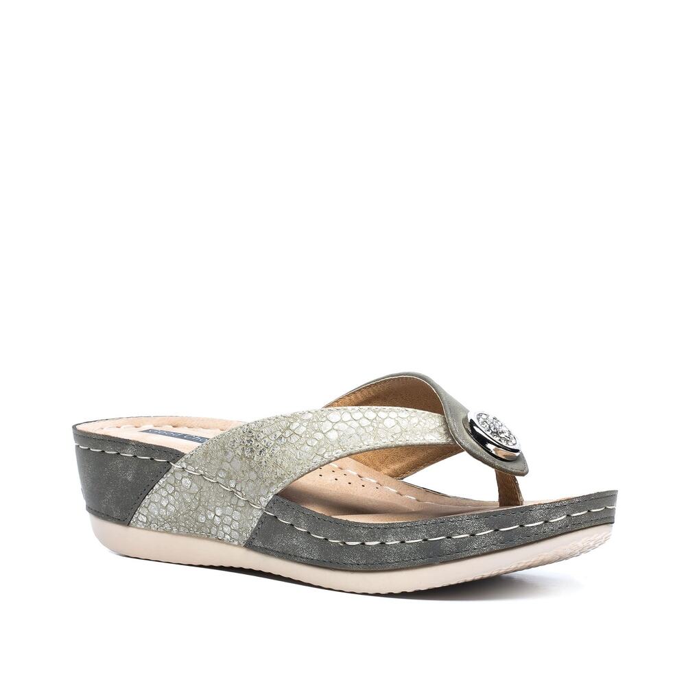 GC Shoes Womens Open Sandals Leather Slip On Low Heel Khaki/Size 8 # 109